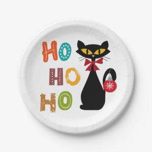 Schwarze Katze mit Ho Ho Ho Textdesign Pappteller