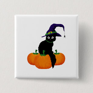 Schwarze Katze mit Hut und Kürbis zu Halloween Button