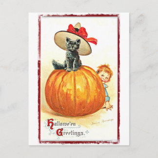 Schwarze Katze mit Hut Vintag Halloween Postkarte
