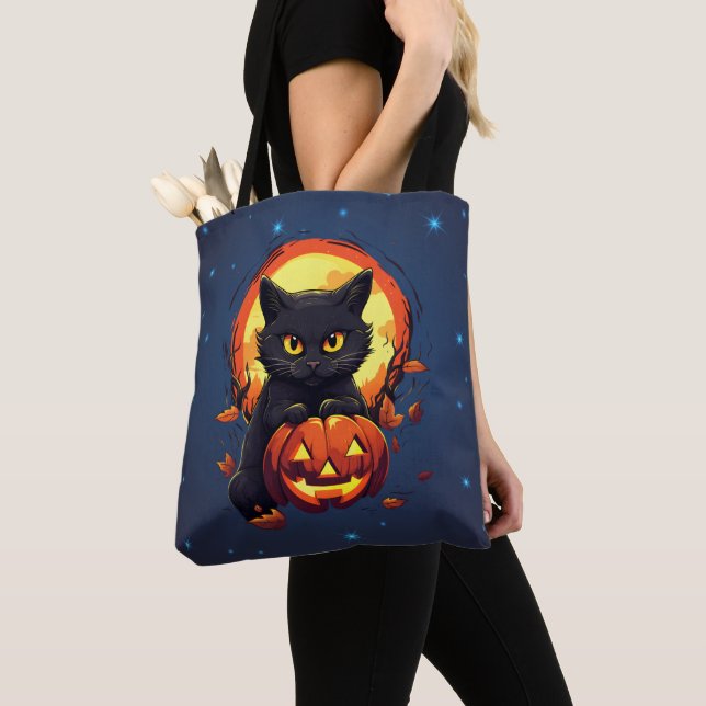 Schwarze Katze mit Jack-O' Lantern Halloween Tasche (Von Nahem)