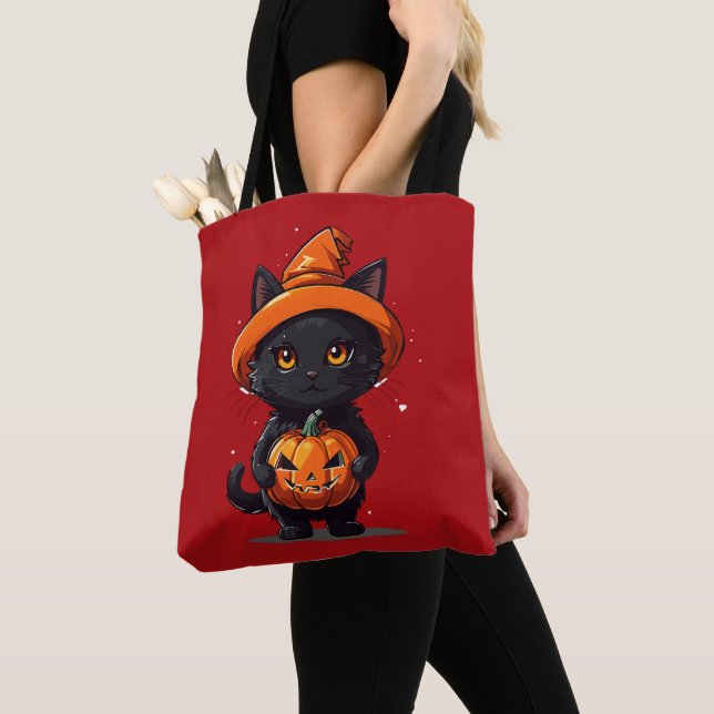 Schwarze Katze mit Jack-O' Lantern Halloween Tasche (Von Nahem)