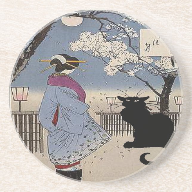 Schwarze Katze mit japanischer Lady Sandstein Untersetzer (Vorne)