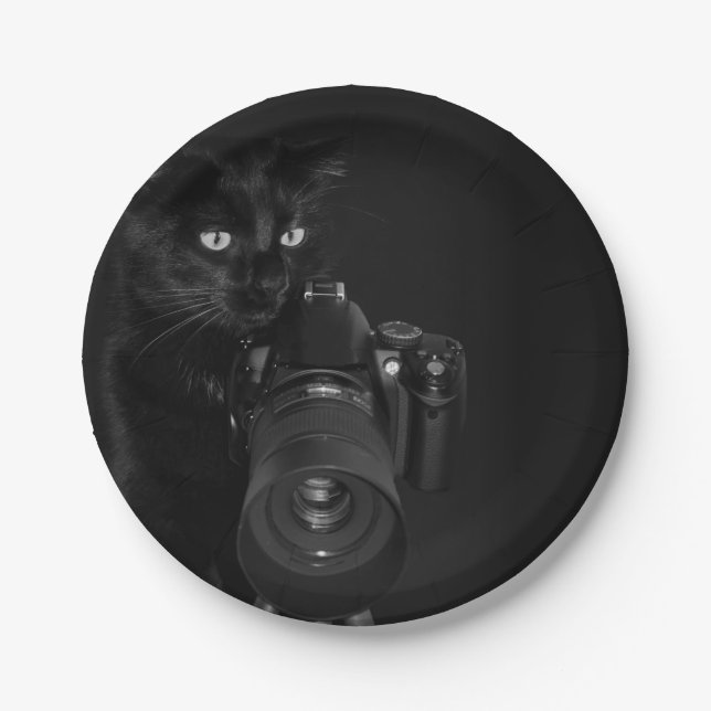 Schwarze Katze mit Kamera Pappteller (Vorderseite)