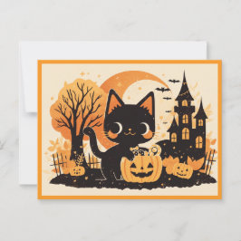 Schwarze Katze mit Kürbiskugel Postkarte