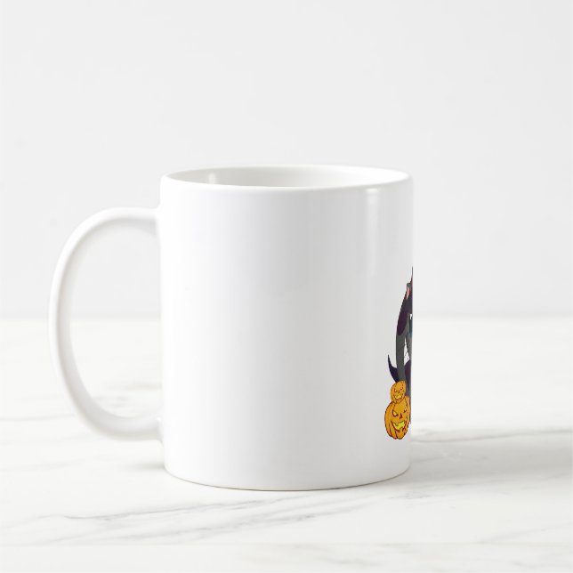 Schwarze Katze mit Kürbislaterne Halloween-Shirt Kaffeetasse (Links)