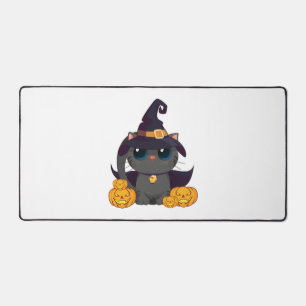 Schwarze Katze mit Kürbislaterne Halloween-Shirt Schreibtischunterlage