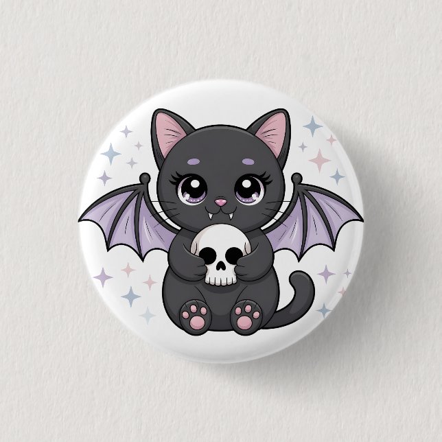 Schwarze Katze mit lila Fledermausflügeln, die ein Button (Vorderseite)