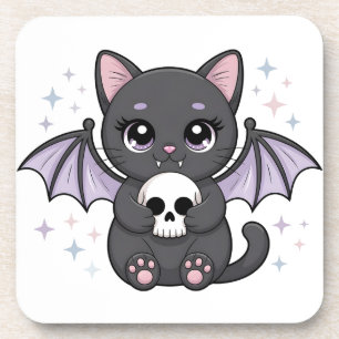 Schwarze Katze mit lila Fledermausflügeln, die ein Getränkeuntersetzer