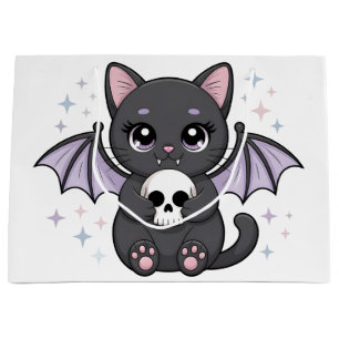 Schwarze Katze mit lila Fledermausflügeln, die ein Große Geschenktüte