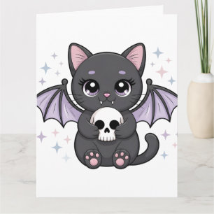 Schwarze Katze mit lila Fledermausflügeln, die ein Karte