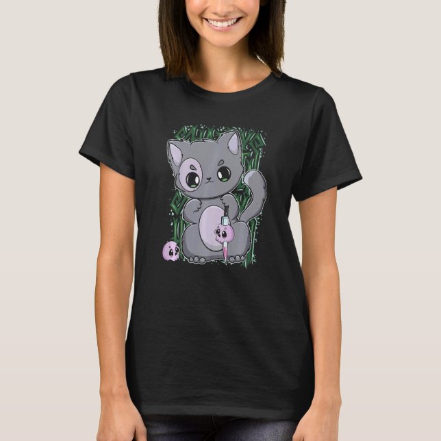 Schwarze Katze mit magischem Gegenstand für Yander T-Shirt (Vorderseite)