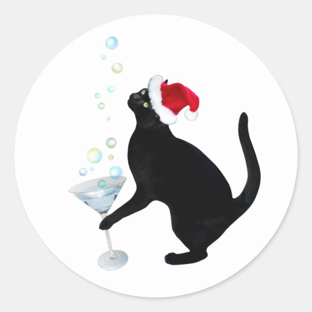 Schwarze Katze mit Martini-Aufklebern Runder Aufkleber (Vorderseite)