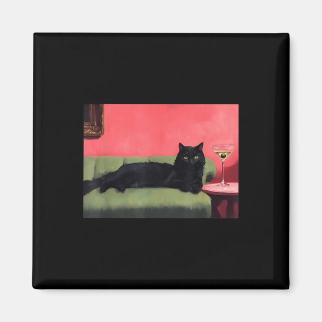 Schwarze Katze mit Martini-Kunstposter  Magnet (Vorne)