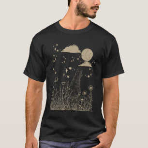 Schwarze Katze mit Mond & Blumen Frohes Halloween T-Shirt