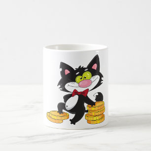 Schwarze Katze mit Münzen Süßer Geldcharakter Kaffeetasse