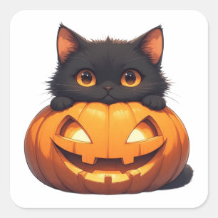 Schwarze Katze mit orangem Kürbis-Display Quadratischer Aufkleber