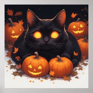 Schwarze Katze mit orangen Augen, Halloween-Kürbis Poster