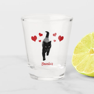 Schwarze Katze mit Personalisiertem Roter Herzen Schnapsglas