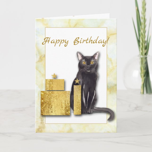 Schwarze Katze mit Präsentierten Geburtstagskarte  Karte (Vorderseite)