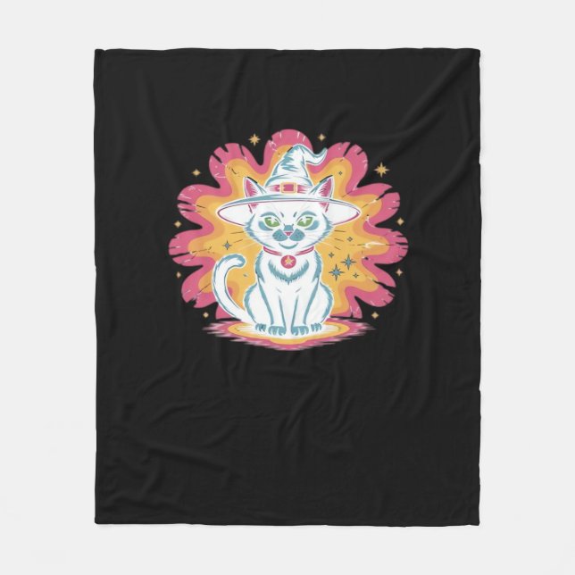 Schwarze Katze mit psychedelischer Blume Oversized Fleecedecke (Vorderseite)