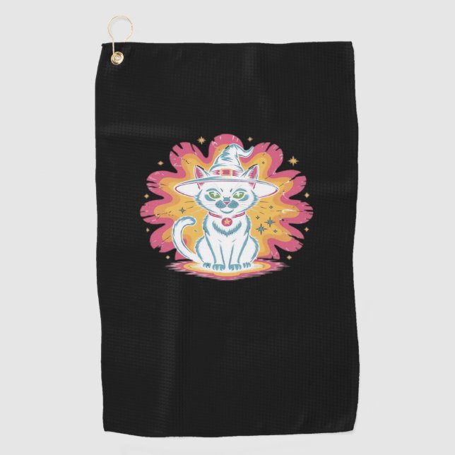 Schwarze Katze mit psychedelischer Blume Oversized Golfhandtuch (Vorderseite)