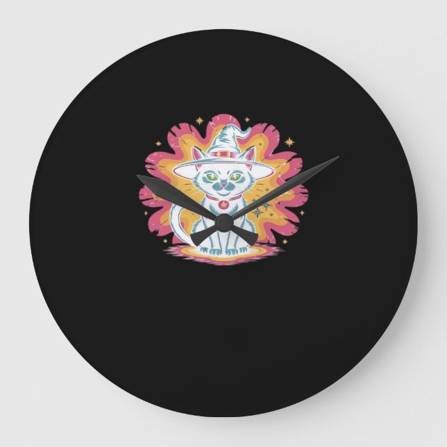Schwarze Katze mit psychedelischer Blume Oversized Große Wanduhr (Vorderseite)