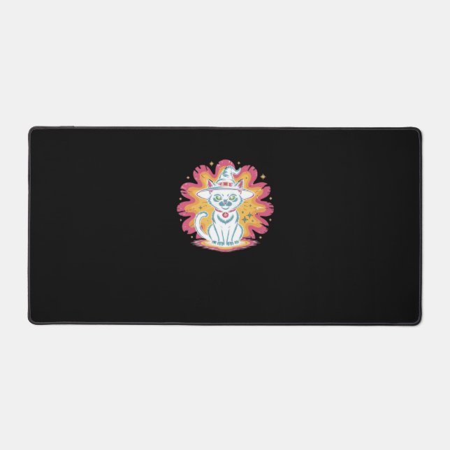 Schwarze Katze mit psychedelischer Blume Oversized Schreibtischunterlage (Vorderseite)