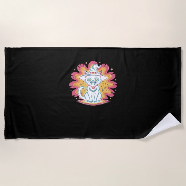 Schwarze Katze mit psychedelischer Blume Oversized Strandtuch (Vorderseite)