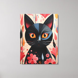 Schwarze Katze mit rosa Blume Leinwanddruck