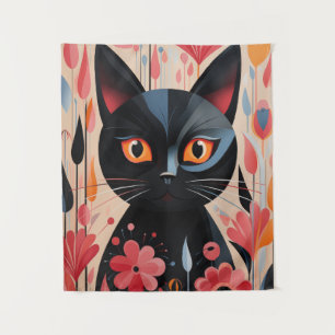 Schwarze Katze mit rosa Blume Wandteppich