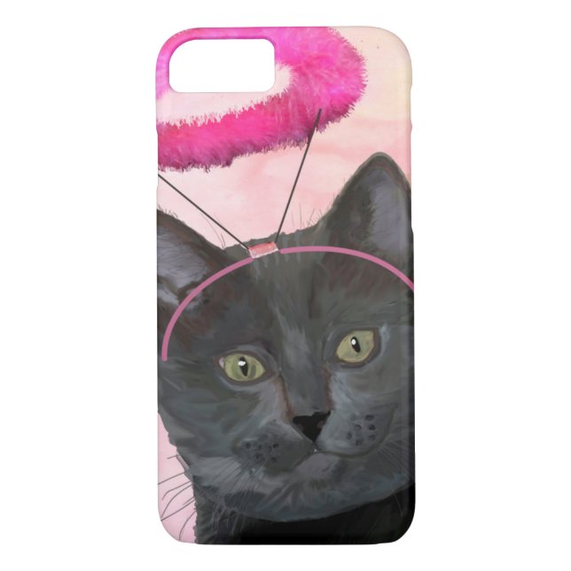 Schwarze Katze mit rosa Engel Halo Case-Mate iPhone Hülle (Rückseite)