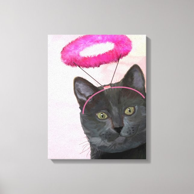 Schwarze Katze mit rosa Engel Halo Leinwanddruck (Vorderseite)