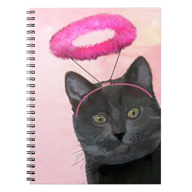 Schwarze Katze mit rosa Engel Halo Notizblock (Vorderseite)
