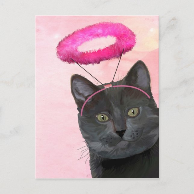 Schwarze Katze mit rosa Engel Halo Postkarte (Vorderseite)