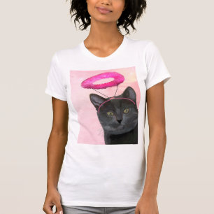 Schwarze Katze mit rosa Engel Halo T-Shirt