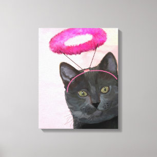 Schwarze Katze mit rosa Engels-Halo Leinwanddruck
