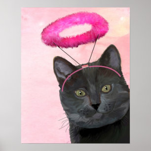 Schwarze Katze mit rosa Engels-Halo Poster