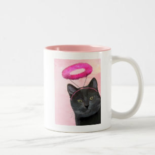 Schwarze Katze mit rosa Engels-Halo Zweifarbige Tasse