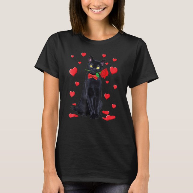 Schwarze Katze mit Rose Valentine Valentine T-Shirt (Vorderseite)