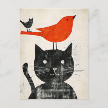 Schwarze Katze mit Rotem Vogel und Hybridkreatur