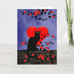 Schwarze Katze mit roten Rosen Feiertagskarte