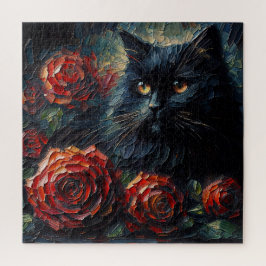 Schwarze Katze mit roten Rosen Gothic-Puzzle