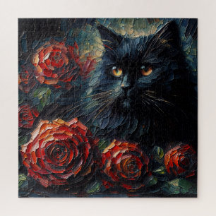 Schwarze Katze mit roten Rosen Gothic-Puzzle