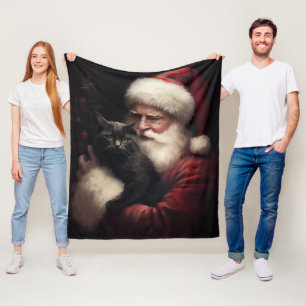Schwarze Katze mit Santa Claus Festive Weihnachten Fleecedecke