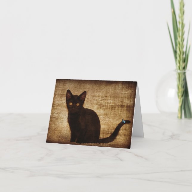 Schwarze Katze mit Schmetterling Notecard Karte (Vorderseite)