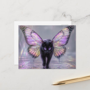 Schwarze Katze mit Schmetterlingsflügeln Postkarte