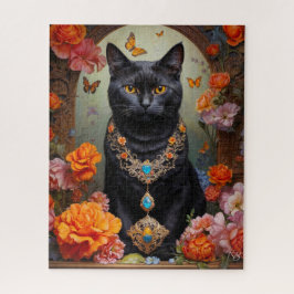 Schwarze Katze mit schönem Schmuck und Blume