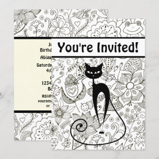 Schwarze Katze mit Schwarz-Weiß-Garten Geburtstag Einladung