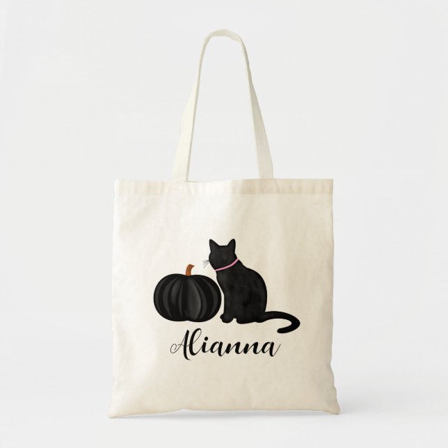 Schwarze Katze mit schwarzem Pumpkin-Individuelle  Tragetasche (Vorne)
