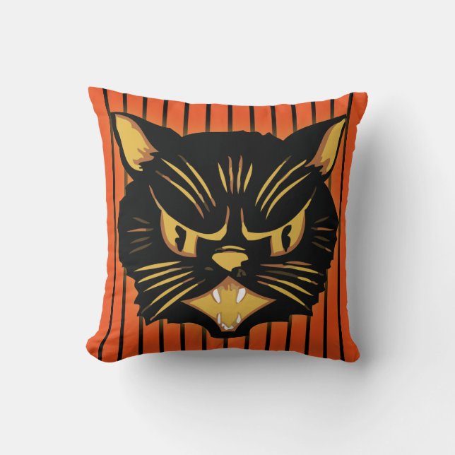 Schwarze Katze mit schwarzem und orangefarbenem St Kissen (Vorderseite)